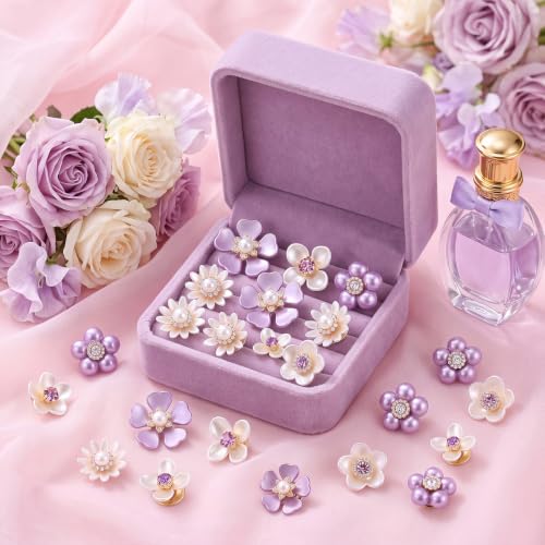 50 Pcs Pearl Rhinestone Brooch Pin Flower Embellishments Brooches and Pins for Women Lapel Pins No Sew Button Charms Accessories for Clothes Bags Wedding DIY Crafts, 5 Styles - color: Purple