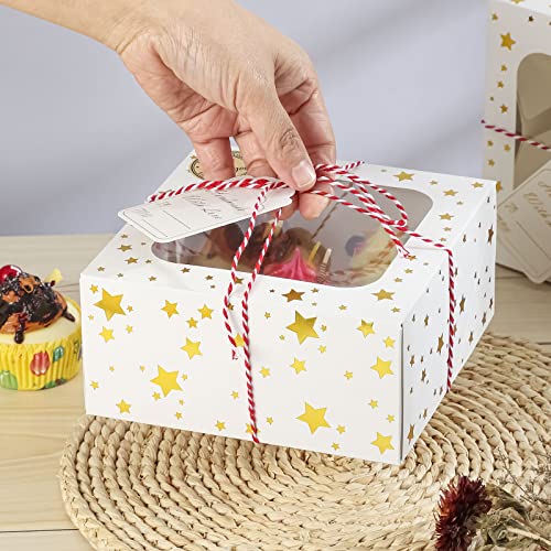 24 Pack 6X6X3 Christmas Cookie Boxes for Gift Giving Gold Foil Star White Bakery Boxes with Window 6 Inch Small Treat Boxes for Mini Cake Pastry Dessert Cupcakes Candy Donut Packaging - color: Gold Star-White