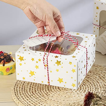 24 Pack 6X6X3 Christmas Cookie Boxes for Gift Giving Gold Foil Star White Bakery Boxes with Window 6 Inch Small Treat Boxes for Mini Cake Pastry Dessert Cupcakes Candy Donut Packaging - color: Gold Star-White
