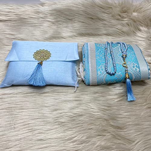 Muslim Prayer Rug and Beads with Elegant Slub Fabric Bag | Janamaz | Sajadah | Soft Islamic Prayer Rug | Islamic & Mawlid Gifts | Prayer Carpet Mat, Taffeta Fabric (Blue, 20 Sets) - color: Blue, size: 20 Sets