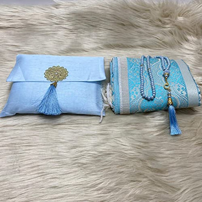 Muslim Prayer Rug and Beads with Elegant Slub Fabric Bag | Janamaz | Sajadah | Soft Islamic Prayer Rug | Islamic & Mawlid Gifts | Prayer Carpet Mat, Taffeta Fabric (Blue, 20 Sets) - color: Blue, size: 20 Sets