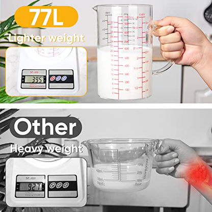 Glass Measuring Cup with Handle, [Double-Sided Measuring Scale, V-Shaped Spout, Insulated handle], High Borosilicate Glass Measuring Cup with Three Scales (OZ, Cup, ML) for Liquid (4 Cup) - size: 4 Cup (1000 ml)