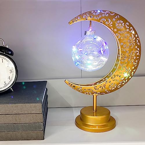 Besoamo Table Lamp Ramadan Decorations - Battery Powered Crescent Moon Light Decor, Patterned Hollow Out Colorful Boho Desk Lamp for Home Bedroom Christmas