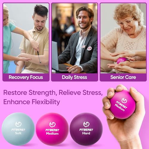 FitBeast Grip Strength Trainer – 6 Pieces Hand Therapy Kit with Finger Extension Exerciser & Stress Balls for Adults, Rehab & Strength Training – for Men, Women, and Seniors - color: 6-Piece Bright Tones