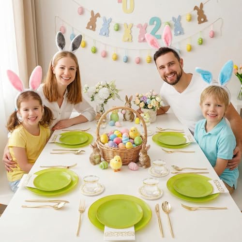 MirthMood 210pcs Green Plastic Plates,Disposable Green Gold Party Plates,Include 30 Dinner,Dessert Plate,30 Cup&30 Napkins, 90 Gold Silverware for St Patrick's Day & Wedding & Birthday（grape green） - color: Grape Green, size: 210