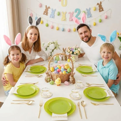 MirthMood 210pcs Green Plastic Plates,Disposable Green Gold Party Plates,Include 30 Dinner,Dessert Plate,30 Cup&30 Napkins, 90 Gold Silverware for St Patrick's Day & Wedding & Birthday（grape green） - color: Grape Green, size: 210