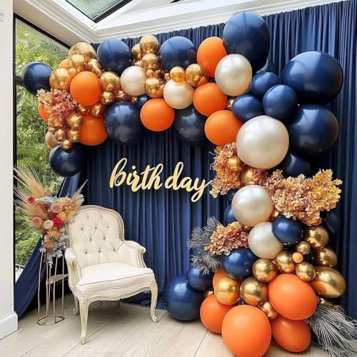 Navy Blue Orange Balloon Garland Arch Kit, Double Stuffed Dark Blue Burnt Orange Pearl White Sand Gold Balloon for Birthday Baby Shower Graduation Fall Autumn Thanksgiving New Year Party Decoration - color: Navy Blue Orange