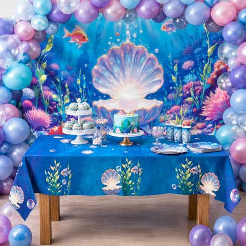 10x6.5 FT+9x4.5 FT Mermaid Backdrop Tablecover Set Under The Sea | Underwater Ocean Scene with Giant Shell Pearl,Party Decorations,Coral Fish Aquarium Background,Birthday,Baby Shower,Card - size: 10x6.5 FT+9x4.5 FT