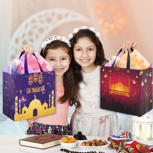 AhfuLife 6 PCS Eid Mubarak Gift Bags, 2 Sizes Eid Tote Bag with Handles, Ramadan Party Bags, Includes 2 Large and 4 Medium Non-Woven Bag for Ramadan Kareem Party Supplies