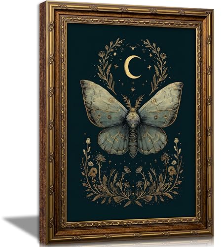 Vintage Gold Framed Celestial Moth Crescent Moon Wall Art Gothic Moody Ethereal Butterfly Picture Wall Decor Dark Botanical Insect Picture Canvas Print Mystical Witchy Poster Artwork for Living Room - color: Butterfly, size: 11"L x 9"W