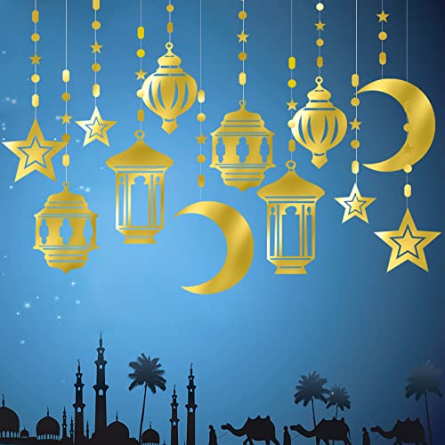 Gold Ramadan Star-Moon Party-Decorations Garland - 12pcs Twinkle Little Star Hanging Decoration Streamers Swirl Lantern, Eid Mubarak Birthday Wedding Party Banner Decor