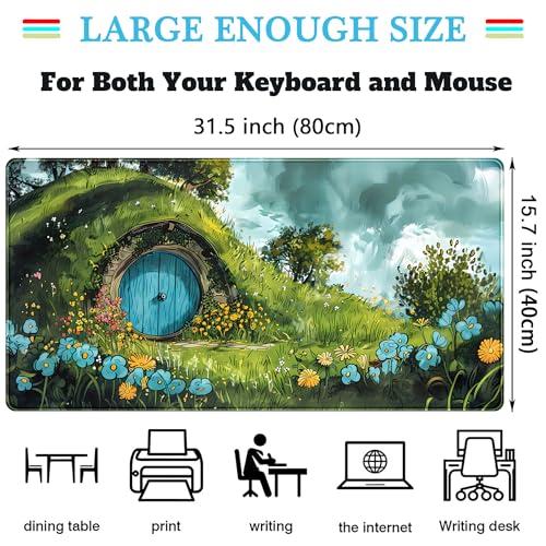 Cute Landscape Cartoons Desk Mat Aesthetic Gaming Mouse Pad XXL Large Extended Green Sage Desk Pad, Laptop Keyboard and Mouse Mat, Computer Desktop Mat Playmat, Women Desk Decor Pad 31.5x15.7 in - color: Green Landscape Cartoons