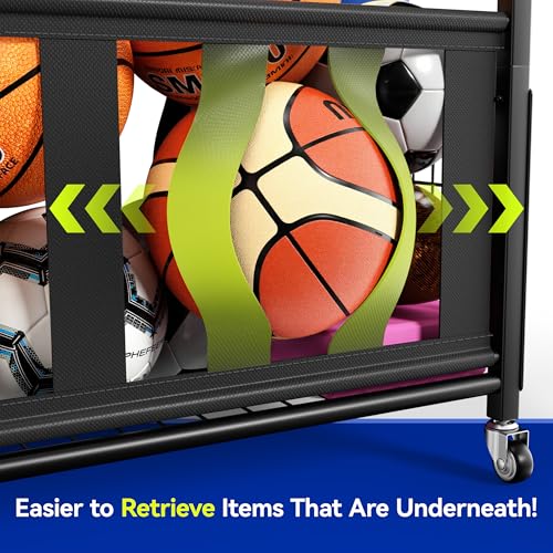 Sports Equipment Organizer, Large Capacity Garage Ball Storage Rack with Wheels, Heavy-Duty Rolling Ball Cart for Basketball, Soccer & Sports Gear