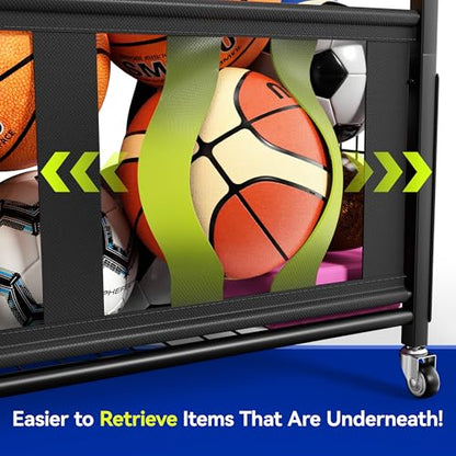Sports Equipment Organizer, Large Capacity Garage Ball Storage Rack with Wheels, Heavy-Duty Rolling Ball Cart for Basketball, Soccer & Sports Gear