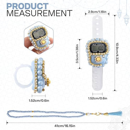 Islamic Tasbih Prayer Beads & Digital Tasbeeh Counter Set – 3 Pack Muslim Prayer Gift for Dhikr, Meditation & Ramadan, Elegant Beads with LCD Finger Counter in Heart-Shaped Gift Box (Blue) - color: Blue