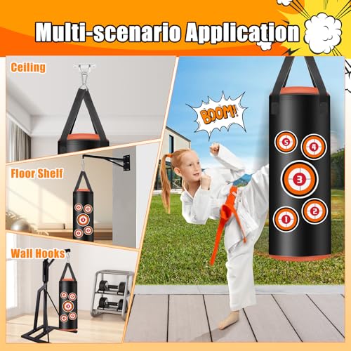 Hanging Punching Bag for Kids, 2FT PU Leather Kicking Bag with Boxing Bag Gloves, Heavy Bag Boxing Equipment for Training Karate Muay Thai Kick Taekwondo(Unfilled)