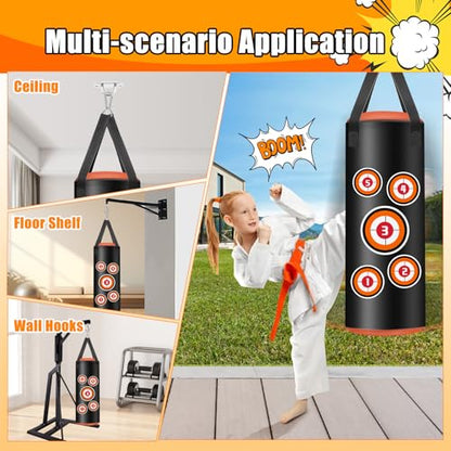 Hanging Punching Bag for Kids, 2FT PU Leather Kicking Bag with Boxing Bag Gloves, Heavy Bag Boxing Equipment for Training Karate Muay Thai Kick Taekwondo(Unfilled)