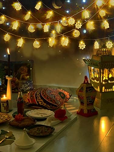 Ramadan Eid String Light- 9.8ft 20LEDs Eid Star Moon Kerosene Lantern Lamp Battery Operated Mubarak Islam Decorative Indoor Hexagram Lights for Muslim Islamic Home Garden Patio Decoration Supplies - style: Moon Star Hexagram