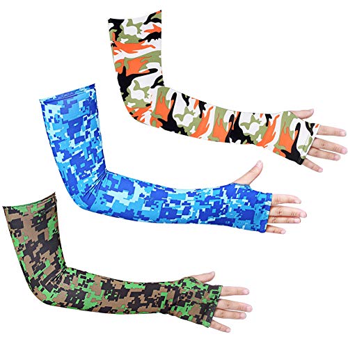 Bacophy 3 Pairs Arm Sleeves with Thumb Holes Women Men UV Protection Cooling, UPF 50 Compression Long Arm Cover - color: 3-pairs Blue Camo+orange Camo+green Camo