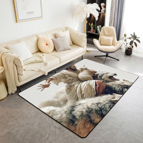 Homewish God Sheep Wolf Kids Area Rug,Western Bible Verse Indoor Floor Mat Entrance Rug for Girls Boys,Faith-Inspired Lamb Theme Non Slip Rug,Grey White Couch Living Room Decor,3'x5' - color: Grey White, size: 3'3" x 4'11" (Rectangular)