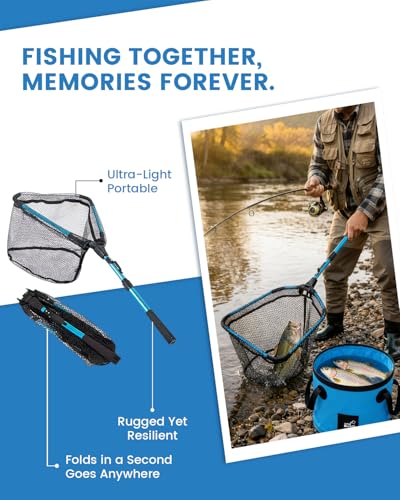 Telescoping Fishing Net with Handle, Extendable & Foldable Fishing Landing Net with Telescopic Pole for Kayak, Bass, Trout in Pond Lake River, Durable Nylon Mesh - Fishing Gear Gift for Men Women
