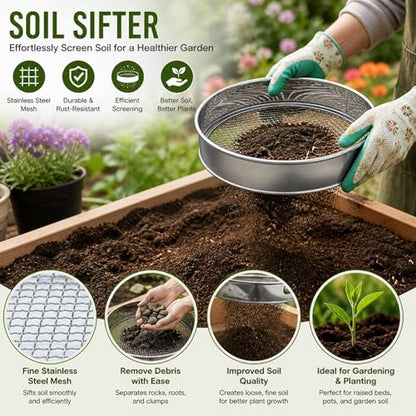 Soil Sifter Set with 3 Sieve Meshes for Rock and Sand - Stainless Steel