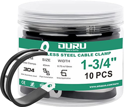 OURU 1-3/4 Inch Cable Clamps, Rubber Coated Insulated Clamps, 10pcs, 45mm | 304 Stainless Steel, Anti-Vibration, Rust Resistant, Secure Hold, Automotive Wire, Pipe & Tube Mounting, Cable Management - size: 10pcs - 1-3/4"