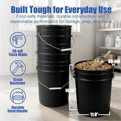 5 Gallon Bucket - Food Grade w/Lid BPA-Free, Black/Red, 6 | Airtight Gamma Seal Screw-On Lid, Heavy-Duty 90 Mil HDPE Plastic, Food Safe and Durable Container, Bulk Storage, Made in USA - color: Black/Red, size: 6 Packs