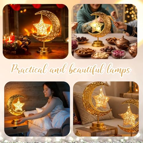 Glooglitter 2 Pcs Moon Crescent Ramadan Table Lamp Decorations Battery Operated Ramadan Lights Eid Mubarak Moon Decorations Gold Crescent Lamp Nightlights Eid Gifts for Home, Bedroom, Living Room