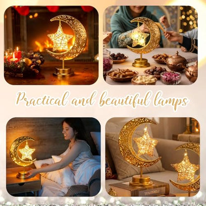 Glooglitter 2 Pcs Moon Crescent Ramadan Table Lamp Decorations Battery Operated Ramadan Lights Eid Mubarak Moon Decorations Gold Crescent Lamp Nightlights Eid Gifts for Home, Bedroom, Living Room