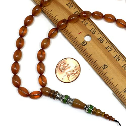 EXCLUSIVE COLLECTION -Handmade Silver Engraved Bakelite Tesbih, Tasbih, Islamic Rosary, Islamic Prayer Beads, Misbaha (7x10 mm 33 Honey Color Rice Beads) - color: 7x10 mm 33 Honey Color Rice Beads
