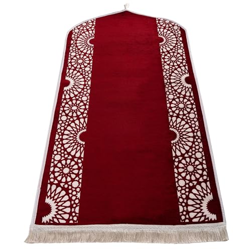 Modefa Turkish Islamic Prayer Mat - Chenille with Foam and Carrying Bag - Intricate Praying Rug Ramadan Eid Gift - Traditional Muslim Janamaz Seccade for Men Women - Mustaqim (Red) - color: Red