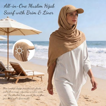 ZLYC Women Muslim Hijab Scarf with Visor Built-in Undercap Sun Protection Headwrap - color: Solid Tan