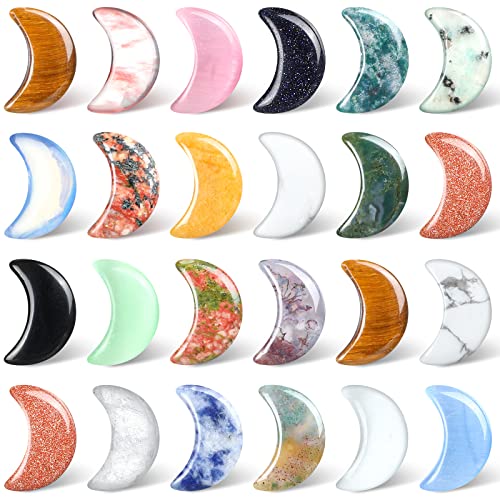 24 Pieces Crescent Moon Shaped Gemstones Bulks 0.7 Inch Moon Shaped Crystal Worry Stones Bulks Multicolor Moon Gemstones Carved Stones for Witchcraft Jewelry Making Meditation Balancing Pendant Decor