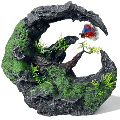 Aquarium Decor - Large Moon Shaped Cave Ornament for Fish Tank, Aquarium Hideout with Rock Texture for Betta, Guppy, Shrimp - Safe Aquatic Decoration,Fish Hiding House (Moon Valley) - color: Moon Vally Rock