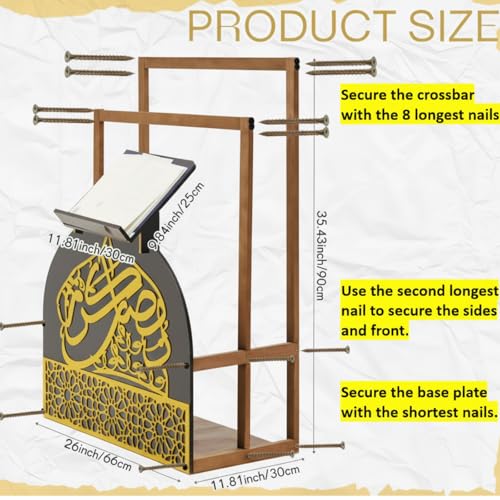 Chunful Gold Wooden Quran and Prayer Mat Stand, 35.4 x 26 x 11.8inch, Ideal Gift for Eid Ramadan and Muslim Home Decor, Islamic Prayer Rug Holder with Arabic Calligraphy for Home Mosque
