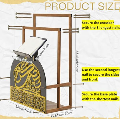 Chunful Gold Wooden Quran and Prayer Mat Stand, 35.4 x 26 x 11.8inch, Ideal Gift for Eid Ramadan and Muslim Home Decor, Islamic Prayer Rug Holder with Arabic Calligraphy for Home Mosque