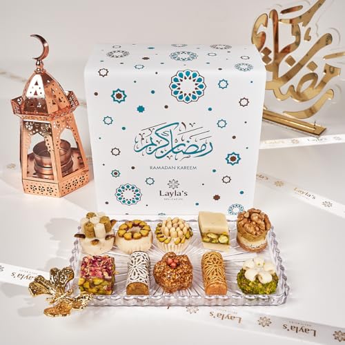 Layla’s Delicacies Mediterranean Treats Gift Box for Ramadan Mubarak - Handmade Healthy Mixed Nutty Flavors Pastries - Halal, Vegetarian, Gluten Free - 23 Bite-Size Treats - color: Ramadan Gift Box, size: 23 Count (Pack of 1)