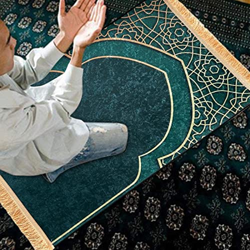 Rectangle Muslim Prayer Rug Decoration Embroidered Ramadan Gift Elegant Soft for Eid Bedroom Adult Kids Meditation Indoor Outdoor, Green
