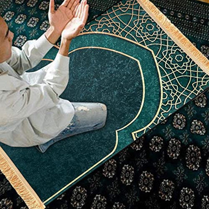 Rectangle Muslim Prayer Rug Decoration Embroidered Ramadan Gift Elegant Soft for Eid Bedroom Adult Kids Meditation Indoor Outdoor, Green