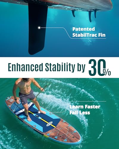 ZLX 11'6"x35" Ultra Wide Inflatable Stand Up Paddle Board | Stable Non-Slip Deck Pad, Unique Fin System, Premium SUP Accessories & Backpack - Upgraded Pump for Adults, All Skill Levels - color: Black Wood