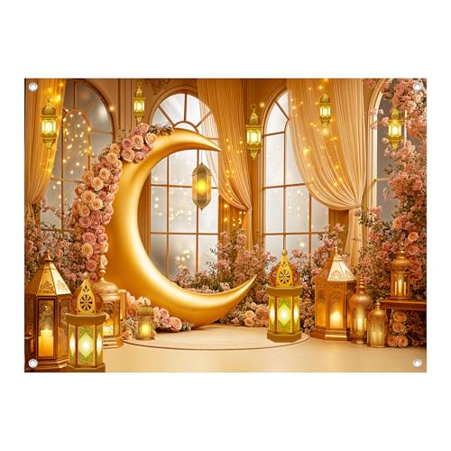 7x5FT Ramadan Mubarak Backdrop Islamic Crescent Moon Eid Party Banner Decorations Muslim Kareem Lantern Photography Background Photo Booth Prop - size: 7x5FT