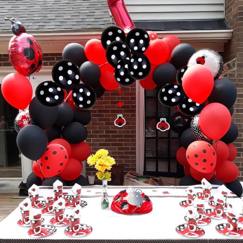 Ladybug Balloons, Red Black Polka Dots Balloons Matte Black and Red Balloon Black and White Polka Dot Latex Balloon for Kids Adults Ladybug Birthday Jungle Party Wedding Baby Shower Graduation - color: Red Black Polka Dots