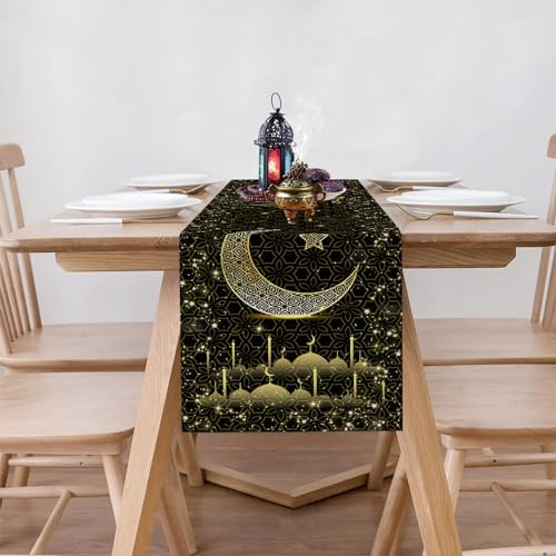 이드 무바라크 라마단 테이블 러너 33 x 182.9cm(13 x 72인치), 문 앤 스타 모스크 블랙 앤 골드 리넨 테이블 러너, 식탁, 옷장 및 홈 데코용 라마단 무바라크 테이블 러너 - color: 골드 블랙 이드 무바라크 라마단 테이블 러너