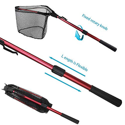 YVLEEN Folding Fishing Net - Foldable Fish Landing Net Robust Aluminum Telescopic Pole Handle and Nylon Mesh 16inch Hoop Size - color: D:16”/40cm Hoop Size (Telescopic Handle) Red