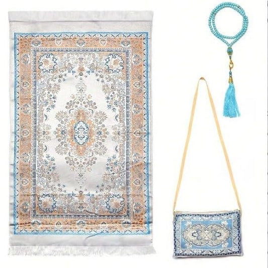 Islamic Travel Prayer mat Mus Portable Prayer Rug Muslim Prayer Mat and Prayer Beads | Janamaz | Sajadah | Soft Islamic Prayer Rugs | Taffeta Fabric 70 * 110 Blue