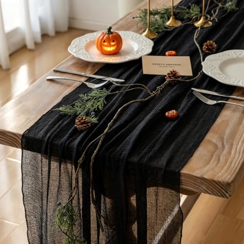 Black Cheesecloth Table Runner 120 Inch Fall Halloween Party Decorations - color: Black, size: 35"x120"(Pack of 1)