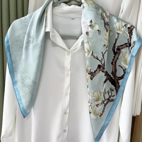 FONYVE Silk Feeling Scarf Medium Square Satin Head Scarf for Women 27.5 × 27.5 inches - color: 03 Green Floral