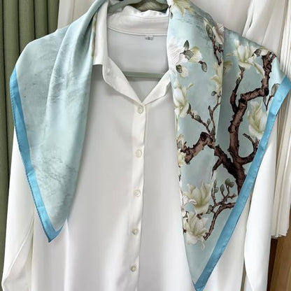 FONYVE Silk Feeling Scarf Medium Square Satin Head Scarf for Women 27.5 × 27.5 inches - color: 03 Green Floral