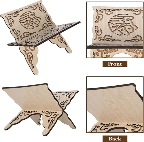 1Pcs Wooden Folding Book Stand with Carved Design | 13.8in/35cm Wide, Collapsible Holder for Quran & Bible, Hands-Free Reading, Home Decor, Portable Bookshelf